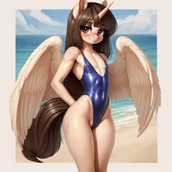 Size: 1024x1024 | Tagged: questionable, oc, oc:spring beauty, ai content, ai generated, alicorn, anthro, artificial intelligence, banned from derpibooru, clothes, female, imported from twibooru, leotard, lolicon, looking at you, prompter:miniferu, see-through, solo, swimsuit, thong leotard, thong swimsuit, underage