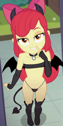 Size: 600x1200 | Tagged: suggestive, apple bloom, ai content, ai generated, banned from derpibooru, bat wings, bedroom eyes, belly button, boots, bow, bra, breasts, child, choker, clothes, crop top bra, delicious flat chest, demon, demon horns, demon tail, demon wings, equestria girls, erect nipples, fangs, female, fingerless gloves, gloves, hair bow, horns, imported from twibooru, lidded eyes, lolicon, long gloves, looking at you, nipple outline, panties, shoes, smiling, standing, succubus, tail, thong, underage, underwear, wings