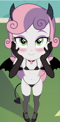 Size: 592x1200 | Tagged: suggestive, sweetie belle, ai content, ai generated, banned from derpibooru, bat wings, bedroom eyes, belly button, bikini, blushing, breasts, child, chocker, choker, clothes, delicious flat chest, demon horns, demon tail, demon wings, equestria girls, eyeshadow, fangs, female, gloves, heart choker, high heels, hips, horns, imported from twibooru, jewelry, lidded eyes, lingerie, lolicon, long gloves, looking at you, makeup, micro bikini, naughty, panties, pendant, seduction, seductive, seductive look, seductive pose, seductive smile, shoes, socks, succubus, swimsuit, tail, thigh highs, thong, underage, underwear, wings