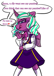 Size: 1240x1754 | Tagged: safe, artist:drcreativa_art, anthro, bow, clothes, female, g5, grammatical error, imported from twibooru, lolicon, mesugaki, opaline arcana, school uniform, shirt, simple background, skirt, socks, underage, white background