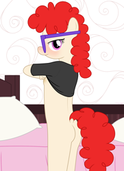 Size: 2359x3263 | Tagged: questionable, artist:tolpain, anthro, areola, banned from derpibooru, bed, bedroom, bedroom eyes, bedsheets, blushing, bottomless, breasts, butt, buttcheeks, clothes, delicious flat chest, dock, female, glasses, imported from twibooru, indoors, innocent, lolicon, no bra underneath, partial nudity, pillow, rear view, shirt, shirt lift, side eye, signature, standing, t-shirt, twist, underage, undressing