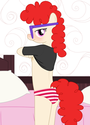 Size: 2359x3263 | Tagged: questionable, artist:tolpain, anthro, areola, banned from derpibooru, bed, bedroom eyes, bedsheets, blushing, breasts, clothes, delicious flat chest, female, glasses, imported from twibooru, indoors, innocent, lolicon, no bra underneath, panties, pillow, rear view, shirt, shirt lift, side eye, signature, striped underwear, t-shirt, twist, underage, underwear, undressing