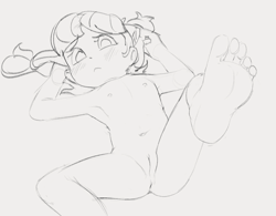 Size: 1244x972 | Tagged: explicit, artist:dotkwa, anus, banned from derpibooru, belly button, breasts, delicious flat chest, feet, female, human, humanized, imported from twibooru, lily longsocks, lolicon, looking at you, nudity, on back, simple background, sketch, small breasts, underage, vulva, white background