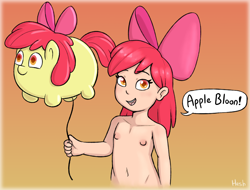 Size: 1654x1254 | Tagged: questionable, artist:heretichesh, apple bloom, balloon, balloon pony, banned from derpibooru, belly, belly button, bow, breasts, delicious flat chest, female, gradient background, hair bow, hand, human, human coloration, humanized, imported from twibooru, inflatable, inflatable pony, lolicon, looking at you, narcissism, nipples, nudity, open mouth, open smile, pun, simple background, smiling, smiling at you, speech bubble, standing, text, underage