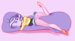 Size: 1515x844 | Tagged: explicit, artist:drantyno, diamond tiara, anus, ass, ballet slippers, banned from derpibooru, bottomless, butt, clothes, diamond buttiara, edit, equestria girls, female, hug, imported from twibooru, jacket, lolicon, looking at you, no panties, nudity, partial nudity, pillow, simple background, skirt, smiling, smiling at you, solo, solo female, underage, vulva
