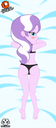 Size: 2385x5470 | Tagged: suggestive, artist:theminus, diamond tiara, ass, banned from derpibooru, blushing, body pillow, body pillow design, bra, butt, clothes, dakimakura cover, diamond buttiara, equestria girls, female, g4, imported from twibooru, lingerie, lolicon, looking at you, looking back, looking back at you, lying on stomach, panties, solo, stupid sexy diamond tiara, thong, underage, underfoot, underwear