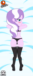 Size: 2385x5470 | Tagged: suggestive, artist:theminus, diamond tiara, ass, banned from derpibooru, blushing, body pillow, body pillow design, bra, butt, clothes, dakimakura cover, diamond buttiara, equestria girls, female, g4, imported from twibooru, lingerie, lolicon, looking at you, looking back, looking back at you, lying on stomach, panties, solo, stockings, stupid sexy diamond tiara, thigh highs, thong, underage, underfoot, underwear