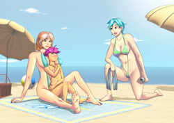 Size: 3508x2480 | Tagged: suggestive, artist:phobosart, scootaloo, alternate version, aunt and niece, aunt holiday, auntie lofty, banned from derpibooru, basket, beach, beach ball, beach towel, beach umbrella, bikini, breasts, cleavage, clothes, covering, embarrassed, female, human, humanized, imported from twibooru, lolicon, panties, skimpy outfit, sling bikini, source needed, swimsuit, thong, towel, umbrella, underage, underwear