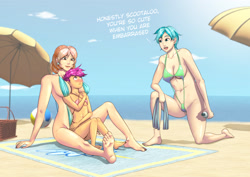 Size: 3508x2480 | Tagged: suggestive, artist:phobosart, scootaloo, aunt and niece, aunt holiday, auntie lofty, banned from derpibooru, basket, beach, beach ball, beach towel, beach umbrella, bikini, breasts, cleavage, clothes, covering, dialogue, embarrassed, female, human, humanized, imported from twibooru, lolicon, panties, skimpy outfit, sling bikini, source needed, swimsuit, thong, towel, umbrella, underage, underwear