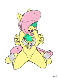 Size: 1500x2000 | Tagged: explicit, artist:skoon, fluttershy, anonymous editor, anthro, banned from derpibooru, belly button, blindfold, blushing, buttplug, casual nudity, clipped wings, cuffs, cute, cute porn, edit, female, femsub, fluttersub, imported from twibooru, kneeling, lolicon, looking at you, nudity, pegasus, sex toy, shoulder fluff, simple background, sitting, solo, solo female, spread legs, spreading, submissive, underage, unguligrade anthro, vulva, white background, wings, younger