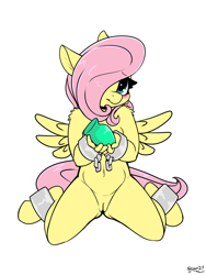 Size: 1500x2000 | Tagged: explicit, artist:skoon, fluttershy, anonymous editor, anthro, banned from derpibooru, belly button, blushing, buttplug, casual nudity, cuffs, cute, cute porn, edit, female, femsub, fluttersub, imported from twibooru, kneeling, lolicon, looking at you, nudity, pegasus, sex toy, shoulder fluff, simple background, sitting, solo, solo female, spread legs, spreading, submissive, underage, unguligrade anthro, vulva, white background, younger
