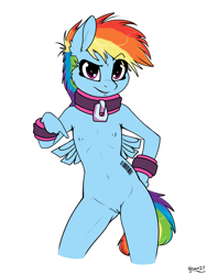 Size: 1500x2000 | Tagged: explicit, artist:skoon, rainbow dash, anonymous editor, anthro, banned from derpibooru, barcode, breasts, clipped wings, collar, cuffs, delicious flat chest, edit, female, imported from twibooru, lolicon, looking at you, nipples, nudity, pegasus, pointing, simple background, small breasts, solo, solo female, tattoo, underage, vulva, white background, wings, younger