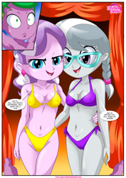 Size: 850x1202 | Tagged: suggestive, artist:bbmbbf, diamond tiara, silver spoon, spike, banned from derpibooru, belly button, bikini, clothes, equestria girls, equestria untamed, female, imported from twibooru, lolicon, male, oppai loli, palcomix, panties, purple bikini, sexy, side-tie bikini, swimsuit, thong, two-piece swimsuit, underage, underwear, yellow bikini