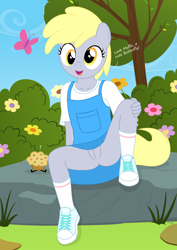Size: 2393x3375 | Tagged: explicit, artist:tolpain, anthro, banned from derpibooru, bush, butterfly, clothes, commando, derpy hooves, dialogue, dress, exclamation point, female, flower, food, hand on knee, happy, imported from twibooru, innocent, insect, lolicon, muffin, nudity, open smile, outdoors, overall skirt, panties, panty shot, rock, shirt, shoes, sitting, skirt, socks, spread legs, spreading, sundress, t-shirt, talking, tree, underage, underwear, upskirt, vulva, younger
