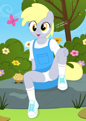 Size: 2393x3375 | Tagged: suggestive, artist:tolpain, anthro, banned from derpibooru, butterfly, clothes, cute, derpy hooves, dialogue, dress, female, food, imported from twibooru, innocent, insect, lolicon, muffin, outdoors, panties, panty shot, shoes, skirt, spread legs, spreading, sundress, underage, underwear, upskirt, white panties, younger