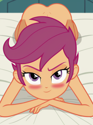 Size: 896x1200 | Tagged: suggestive, scootaloo, ai content, ai generated, all fours, banned from derpibooru, bed, bedroom eyes, blushing, butt, child, equestria girls, female, imported from twibooru, lolicon, nudity, prone, scootabutt, seduction, seductive, seductive look, seductive pose, seductive smile, smug, solo, solo female, stupid sexy scootaloo, underage