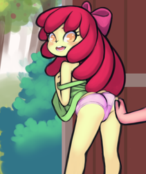 Size: 981x1165 | Tagged: questionable, artist:drantyno, apple bloom, adorabloom, applecest, banned from derpibooru, big mcintosh, bloom butt, blushing, bush, butt, butt grab, butt touch, cameltoe, clothes, cute, door, equestria girls, female, grope, human, imported from twibooru, incest, lolicon, looking back, macbloom, male, offscreen character, open mouth, panties, shipping, straight, strap slip, tree, underage, underwear