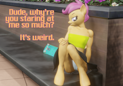 Size: 2146x1511 | Tagged: suggestive, artist:bananasugar, scootaloo, 3d, anthro, banned from derpibooru, bench, blender, breasts, cameltoe, clothes, delicious flat chest, female, imported from twibooru, lolicon, pegasus, pony, skateboard, skirt, small breasts, text, tube top, underage, underwear, unguligrade anthro, upskirt, white underwear