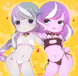 Size: 1026x1002 | Tagged: explicit, artist:born-to-die, diamond tiara, silver spoon, banned from derpibooru, bell, bell collar, belly button, cat lingerie, child, clothes, collar, duo, duo female, equestria girls, erect nipples, female, imported from twibooru, lingerie, lolicon, nipple outline, panties, partial nudity, peace sign, side-tie bikini, thong, underage, underwear, young