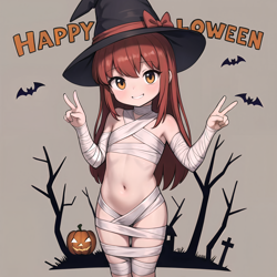 Size: 2304x2304 | Tagged: questionable, apple bloom, ai content, ai generated, bandage, banned from derpibooru, bat, child, female, halloween, hat, holiday, human, humanized, imported from twibooru, lolicon, mummy, peace sign, pumpkin, simple background, text, underage, witch hat