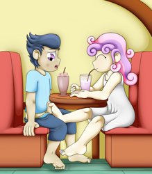 Size: 3500x4000 | Tagged: explicit, artist:pvryohei, sweetie belle, banned from derpibooru, barefoot, barefooting, blushing, clothes, cum, cumming, dress, drinking, drinking straw, feet, female, fetish, foot fetish, footjob, human, human coloration, humanized, imported from twibooru, lolicon, male, milkshake, nudity, penis, rumbelle, rumble, sex, shipping, shirt, shorts, shotacon, soles, stealth sex, straight, straight shota, sugarcube corner, sundress, underage, underwear