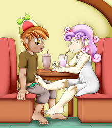 Size: 3500x4000 | Tagged: explicit, artist:pvryohei, button mash, sweetie belle, banned from derpibooru, barefoot, barefooting, blushing, clothes, cum, cumming, dark skin, dress, drinking, drinking straw, feet, female, fetish, foot fetish, footjob, hat, human, human coloration, humanized, imported from twibooru, lolicon, male, milkshake, nudity, penis, sex, shipping, shirt, shorts, shotacon, soles, stealth sex, straight, straight shota, sugarcube corner, sundress, sweetiemash, underage, underwear