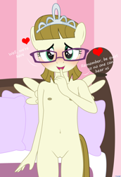Size: 1920x2796 | Tagged: explicit, artist:tolpain, anthro, banned from derpibooru, bed, bedroom eyes, belly button, blushing, breasts, delicious flat chest, dialogue, female, glasses, imported from twibooru, jewelry, lolicon, looking at you, nipples, nudity, small breasts, spread wings, tiara, underage, vulva, wingboner, wings, zippoorwhill