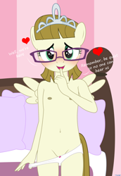 Size: 1920x2796 | Tagged: explicit, artist:tolpain, anthro, banned from derpibooru, bed, bedroom eyes, belly button, blushing, breasts, clothes, delicious flat chest, dialogue, female, glasses, imported from twibooru, jewelry, lolicon, looking at you, nipples, nudity, panties, small breasts, spread wings, tiara, underage, underwear, undressing, vulva, wingboner, wings, zippoorwhill