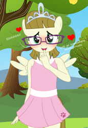 Size: 1920x2796 | Tagged: suggestive, artist:tolpain, anthro, banned from derpibooru, blushing, clothes, dialogue, dress, female, garden, glasses, imported from twibooru, jewelry, lolicon, looking at you, outdoors, spread wings, sundress, tiara, underage, wingboner, wings, zippoorwhill