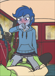 Size: 1286x1760 | Tagged: explicit, artist:deserter, oc, oc:anon, airbow, archer (character), arrow, banned from derpibooru, blushing, bow (weapon), car sex, clothed sex, clothes, condensation, condom, covering mouth, cowgirl position, equestria girls, equestria girls-ified, eye contact, female, hoodie, imported from twibooru, lolicon, looking at each other, moaning, morning, nudity, panties, panties aside, penis, rolled up sleeves, safe sex, scootablue, sex, skirt, sleeping bag, socks, thigh highs, truck, underage, underwear, upskirt, wearing condom