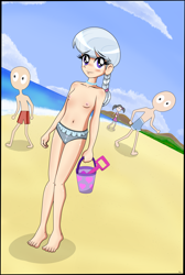 Size: 3315x4932 | Tagged: questionable, artist:derpyramone, silver spoon, banned from derpibooru, beach, bikini, bikini bottom, bucket, child, clothes, cloud, equestria girls, female, human, human coloration, humanized, imported from twibooru, light skin, lolicon, missing accessory, nipples, no glasses, nudity, partial nudity, people, semi-nude, shy, sky, smiling, swimsuit, topless, underage
