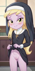 Size: 600x1200 | Tagged: explicit, ai content, ai generated, banned from derpibooru, blushing, bottomless, dinky hooves, dress lift, equestria girls, female, human, imported from twibooru, lolicon, no panties, nudity, nun outfit, prompter:anonymous, stable diffusion, underage, vulva