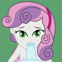 Size: 1080x1080 | Tagged: explicit, artist:cloppy hooves, sweetie belle, animated, banned from derpibooru, blowjob, breasts, equestria girls, female, female focus, green background, imported from twibooru, lolicon, looking at you, male, male pov, nipples, nudity, offscreen character, oral, penis, pov, sex, simple background, small breasts, solo focus, underage
