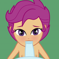 Size: 1080x1080 | Tagged: explicit, artist:cloppy hooves, scootaloo, animated, banned from derpibooru, blowjob, breasts, equestria girls, female, female focus, green background, imported from twibooru, lolicon, looking at you, male, male pov, nipples, nudity, offscreen character, oral, penis, pov, sex, simple background, small breasts, solo focus, underage