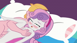 Size: 1920x1080 | Tagged: explicit, artist:cloppy hooves, sweetie belle, ahegao, animated, balls, banned from derpibooru, bed, big mcintosh, blinking, blushing, breast grab, breasts, equestria girls, female, fondling, grope, imported from twibooru, lolicon, loop, male, nudity, on bed, open mouth, penetration, penis, sex, shipping, straight, sweetiemac, tongue out, underage, vaginal, vulva