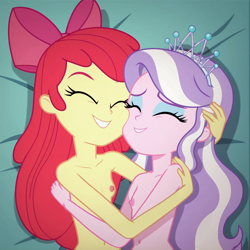 Size: 1200x1200 | Tagged: questionable, apple bloom, diamond tiara, ai content, ai generated, banned from derpibooru, bed, belly button, bow, breasts, child, crown, delicious flat chest, diamondbloom, equestria girls, eyes closed, eyeshadow, female, females only, hair bow, happy, hug, human, imported from twibooru, in love, jewelry, lesbian, lolicon, lying down, makeup, nipples, nudity, regalia, shipping, smiling, tiara, underage