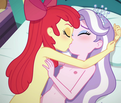 Size: 1200x1024 | Tagged: questionable, apple bloom, diamond tiara, ai content, ai generated, banned from derpibooru, bed, belly button, blushing, bow, breast grab, breasts, child, delicious flat chest, diamondbloom, equestria girls, eyes closed, eyeshadow, female, females only, grope, hair bow, hand on breasts, human, imported from twibooru, in love, jewelry, kissing, lesbian, lolicon, lying down, makeup, nipples, nudity, shipping, tiara, underage