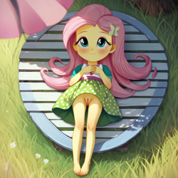 Size: 1024x1024 | Tagged: explicit, fluttershy, ai content, ai generated, banned from derpibooru, barefoot, blushing, bottomless, child, clothes, dress, equestria girls, feet, female, imported from twibooru, lolicon, no panties, nudity, resting, skirt, skirt lift, underage, vagina