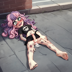 Size: 1024x1024 | Tagged: explicit, sweetie belle, aftersex, ai content, ai generated, banned from derpibooru, belly button, bruised, choker, clothes, crying, cum, dirty, equestria girls, exhibitionism, female, fishnets, futa, futa loli, happy, imported from twibooru, intersex, lolicon, mascara, mind break, nudity, penis, public sex, sex, shirt, skirt, t-shirt, torn clothes, underage