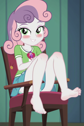 Size: 800x1200 | Tagged: suggestive, sweetie belle, ai content, ai generated, banned from derpibooru, barefoot, blushing, clothes, cutie mark, cutie mark on clothes, equestria girls, feet, female, imported from twibooru, lolicon, panties, shirt, sitting, skirt, solo, t-shirt, underage, underwear