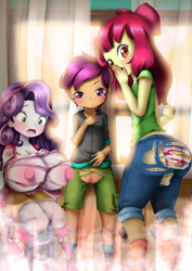 Size: 2894x4093 | Tagged: explicit, artist:pocket loli, apple bloom, scootaloo, sweetie belle, banned from derpibooru, bloom butt, breasts, busty sweetie belle, butt, clothes, equestria girls, female, females only, imported from twibooru, jeans, lolicon, nipples, nudity, oppai loli, pants, partial nudity, ripped, ripped jeans, ripped pants, ripped shirt, ripped shorts, ripping clothes, shirt, underage, vulva