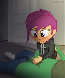 Size: 1076x1282 | Tagged: explicit, artist:realdash, scootaloo, oc, oc:anon, series:time is all we have, banned from derpibooru, blushing, butt touch, clothes, equestria girls, feet, female, hand on butt, handjob, hoodie, human, imminent orgasm, imported from twibooru, kneeling, lolicon, lying down, magma studio, messy hair, on back, pants, pants down, pixel art, precum, socks, sweatpants, underage