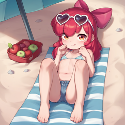 Size: 1024x1024 | Tagged: suggestive, apple bloom, ai content, ai generated, apple, beach, beach towel, belly button, bikini, bow, breasts, child, clothes, delicious flat chest, female, food, heart shaped glasses, human, humanized, imported from twibooru, lolicon, looking at you, looking up, micro bikini, orange eyes, red hair, sand, shadow, smiling, smiling at you, solo, solo female, solo focus, sunglasses, swimsuit, tight clothing, towel, umbrella, underage