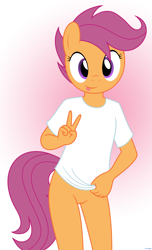 Size: 2010x3315 | Tagged: explicit, artist:tolpain, scootaloo, :p, anthro, banned from derpibooru, blushing, bottomless, clothes, commando, earth pony, female, imported from twibooru, lolicon, looking at you, nudity, partial nudity, peace sign, shirt, solo, solo female, t-shirt, tongue out, underage, vulva