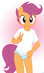 Size: 2010x3315 | Tagged: suggestive, artist:tolpain, scootaloo, :p, anthro, banned from derpibooru, clothes, earth pony, female, imported from twibooru, lolicon, looking at you, panties, peace sign, shirt, solo, solo female, t-shirt, tongue out, underage, underwear
