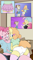 Size: 5000x9000 | Tagged: questionable, artist:clarabellecrow, pinkie pie, age difference, alternate version, anthro, ass, bandaid, banned from derpibooru, big breasts, bracelet, breasts, busty pinkie pie, butt, cameltoe, clothes, comic, ear piercing, earring, earth pony, female, freckles, imported from twibooru, jewelry, lidded eyes, lolicon, looking back, overalls, panties, pegasus, piercing, plantigrade anthro, pound cake, pumpkin cake, rule 63, shirt, shorts, siblings, sisters, skirt, thigh socks, tooth gap, torn clothes, tripping, underage, underwear, unicorn