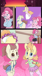 Size: 5000x9000 | Tagged: questionable, artist:clarabellecrow, pinkie pie, alternate version, anthro, ass, bandaid, banned from derpibooru, big breasts, bracelet, breasts, busty pinkie pie, butt, cellphone, clothes, comic, ear piercing, earring, earth pony, female, freckles, imported from twibooru, jewelry, leotard, lolicon, looking back, looking up, midriff, nipple slip, nipples, nudity, open mouth, open smile, overalls, panties, pegasus, phone, piercing, pigtails, ponytail, pound cake, pumpkin cake, rule 63, shirt, shorts, siblings, sisters, skirt, smiling, thigh socks, tooth gap, underage, underwear, unicorn, upskirt, wardrobe malfunction
