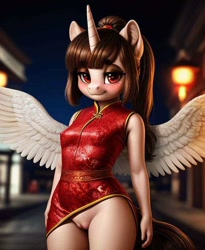 Size: 576x704 | Tagged: explicit, oc, oc:spring beauty, ai content, ai generated, alicorn, anthro, banned from derpibooru, cheongsam, clothes, erect nipples, female, imported from twibooru, innievag, lolicon, nipple outline, nudity, pantless, prompter:miniferu, solo, spread wings, underage, vulva, wings