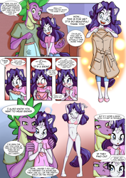 Size: 3720x5244 | Tagged: suggestive, artist:anibaruthecat, rarity, spike, comic:private photo sessions, comic:private photo sessions (anthro), adorasexy, adult, adult spike, anime, anime style, anthro, arm behind head, armpits, bag, banned from derpibooru, beautiful, beautisexy, bikini, bra, breasts, busty rarity, clothes, comic, couple, cute, dragon, dragon ears, female, gift giving, happy, hooves, horn, imported from twibooru, in love, lolicon, male, male and female, older, older spike, open mouth, open smile, pony ears, pose, sexy, shipping, shirt, shopping bags, small breasts, sparity, speech, speech bubble, straight, stupid sexy rarity, sultry pose, surprise, surprised, swimsuit, t-shirt, talking, teenage rarity, teenager, text, trenchcoat, underage, underwear, unicorn