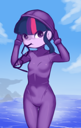 Size: 624x990 | Tagged: safe, artist:drantyno, twilight sparkle, banned from derpibooru, equestria girls, female, g4, glasses, glasses off, imported from twibooru, lolicon, looking at you, mouth hold, ocean, sci-twi, solo, underage, water, wetsuit